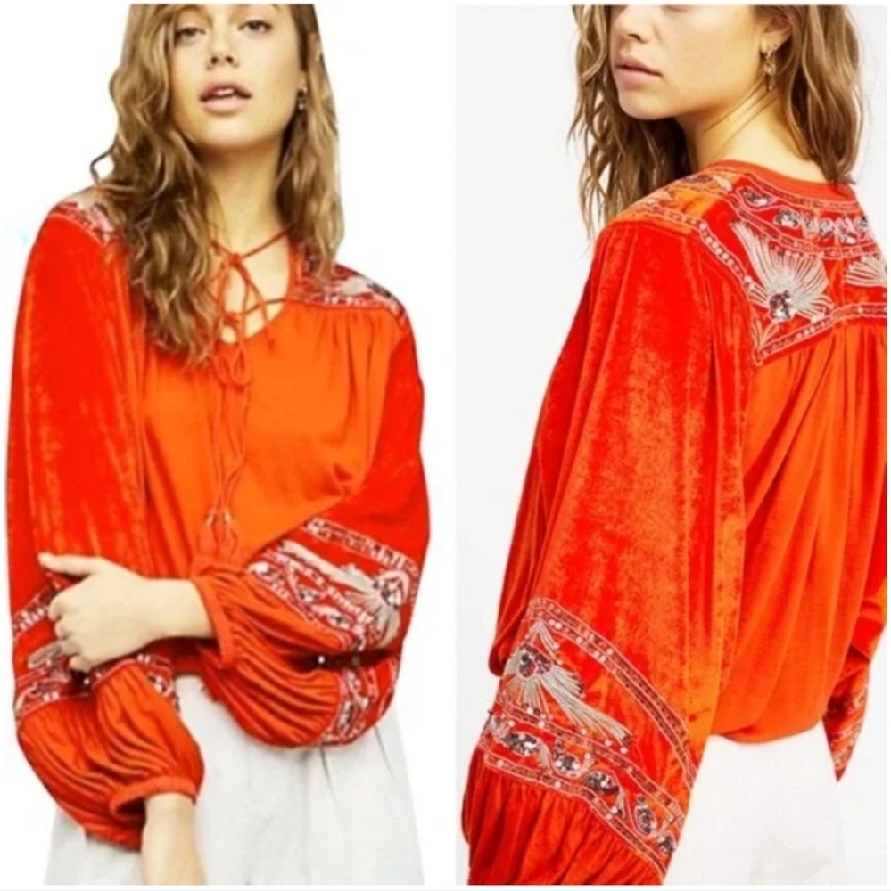 Free People Hearts A Flame Linen and Velvet and Embroidered Top